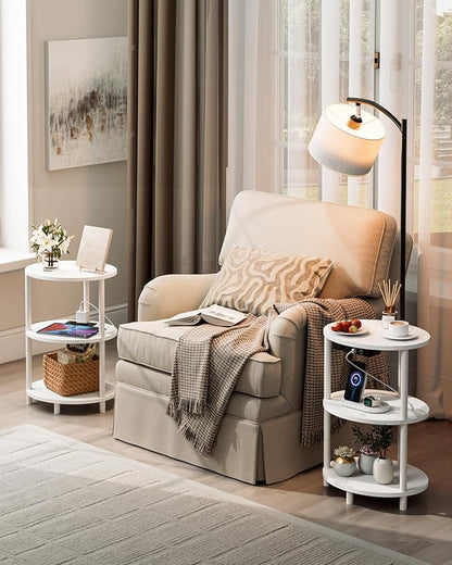 Round Side Table with Lamp and USB Ports, 3-Tier Small End Table for Living Room & Bedroom, Rustic Wood Metal Nightstand for Small Spaces, Easy to Assemble, Marble White