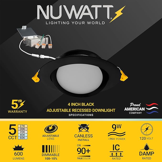 NuWatt 12 Pack, 4 Inch Black Gimbal LED Recessed Lighting, 2700K/3000K/3500K/4000K/5000K Selectable, 630LM, Dimmable, Damp Rated, Canless Adjustable Directional Lights for Sloped Ceilings, Metal J-Box