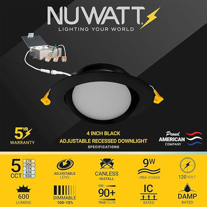 NuWatt 12 Pack, 4 Inch Black Gimbal LED Recessed Lighting, 2700K/3000K/3500K/4000K/5000K Selectable, 630LM, Dimmable, Damp Rated, Canless Adjustable Directional Lights for Sloped Ceilings, Metal J-Box