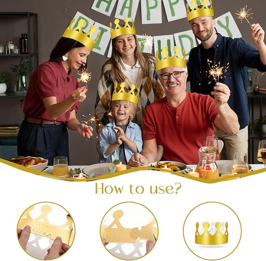 100 Pcs Birthday Crowns for Kids, Golden King Paper Crown Bulk Foldable & Adjustable Birthday Party Favors Hats Baby Shower Headwear for New Year Celebration Wedding Anniversary Photo Props Supplies