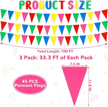 100 FT Rainbow Decorations, Colorful Rainbow Banner, Pre-assemble Pennant Banner Flags, Polyester Hanging Banners Indoor Outdoor Carnival Birthday Party Supplies Home Yard Ceiling Wall Decor
