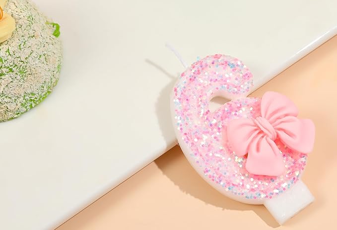 Number 16 Candle Pink Sequins and Bowtie 16th Cake Topper, 16 Birthday Candle for Girls Pastel Sweet Theme Birthday Party or Adults Milestone Age Decoration