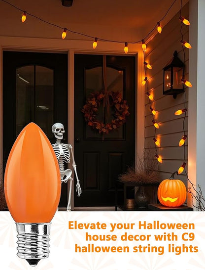25FT LED Halloween Outdoor String Lights with 26 C9 Candle Shape Shatterproof Plastic Bulbs,2700K Waterproof Connectable Orange LED String Lights for Home Garden Halloween Christmas Fall Decor
