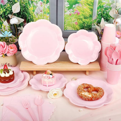 192 Pcs Pink Paper Plates And Napkins Set Party Supplies - For 24 Guests Paper Plates And Napkins Knives Spoons Forks Cups - For Baby Shower Bridal Shower Wedding