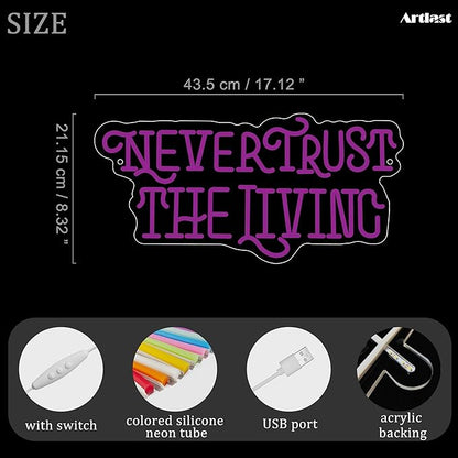 Never Trust The Living Neon Sign Mysterious Purple LED Light for Room Wall Decor Halloween Party Chamber of Secrets Man Cave Room Gothic Letters Neon