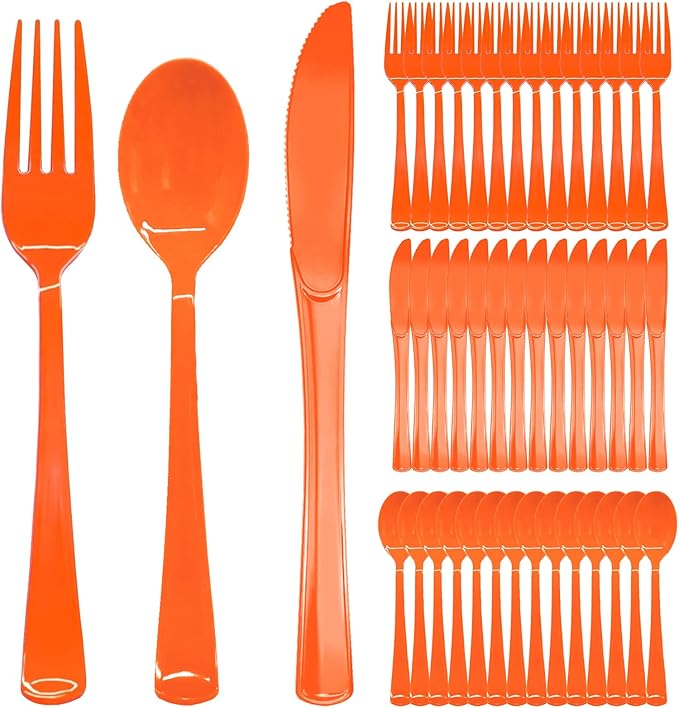 300 Pack Orange Plastic Silverware, Orange Plastic Cutlery Includes 100 Forks, 100 Spoons, 100 Knives for Birthday, Fall Party, Halloween, Thanksgiving