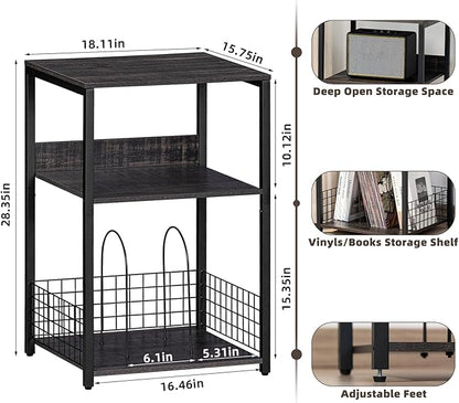 LELELINKY 3 Tier Farmhouse Drak Gray End Table, Large 18" Wide Record Player Tables with Vinyl Storage Shelf, Industrial Turntable Printer Stands, Modern Side Tables for Living Room, Bedroom, Office