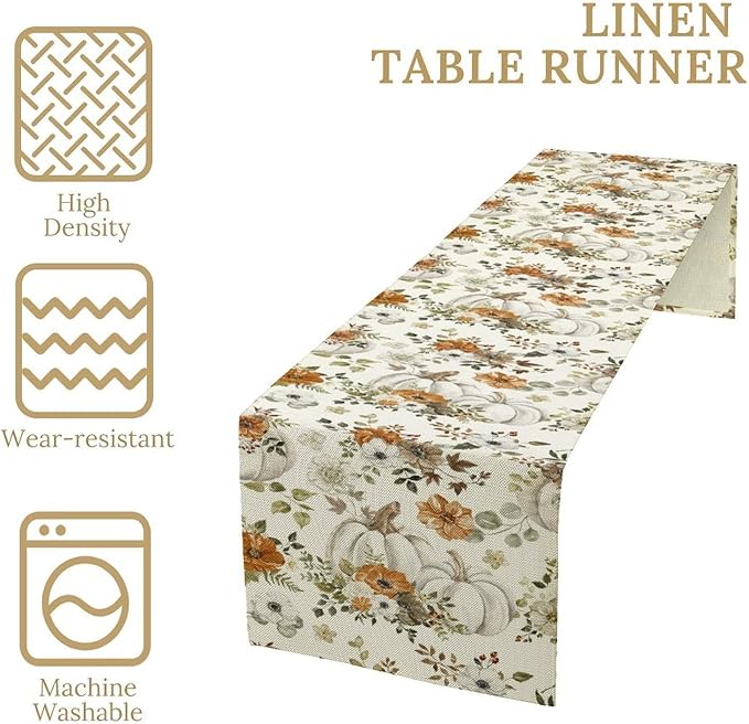 Fall Pumpkin Table Runner Rustic Floral Watercolor Plants White Vegetables Flowers Pastoral Theme Home Decor for Farmhouse Indoor Outdoor Party Holiday Dining Kitchen Restaurant Cafe W13xL90in