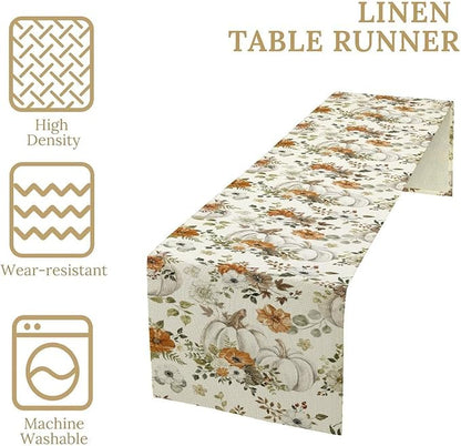 Fall Pumpkin Table Runner Rustic Floral Watercolor Plants White Vegetables Flowers Pastoral Theme Home Decor for Farmhouse Indoor Outdoor Party Holiday Dining Kitchen Restaurant Cafe W13xL72in
