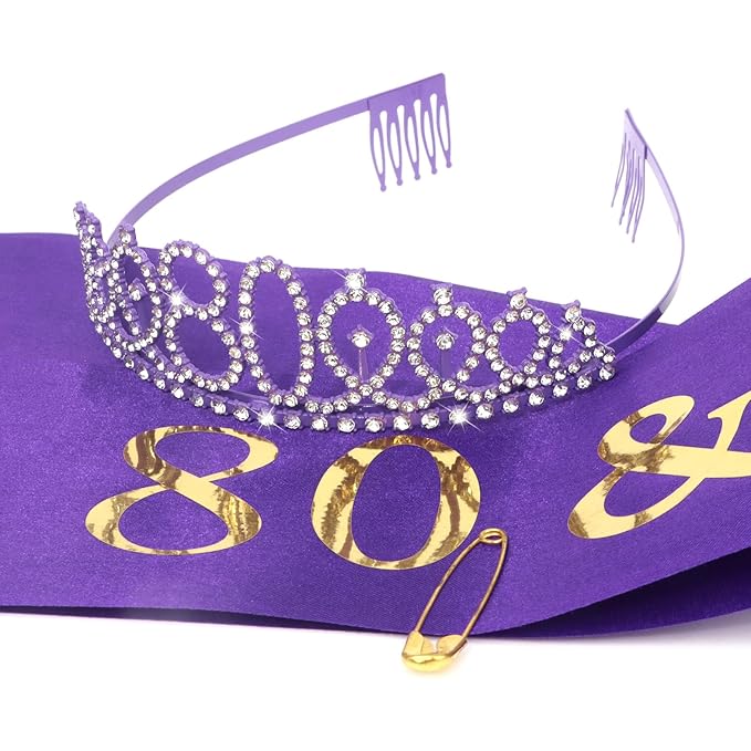 CIEHER 80th Birthday Crown + Sash, Purple 80th Birthday Decorations for Women, Fabulous Party Supplies