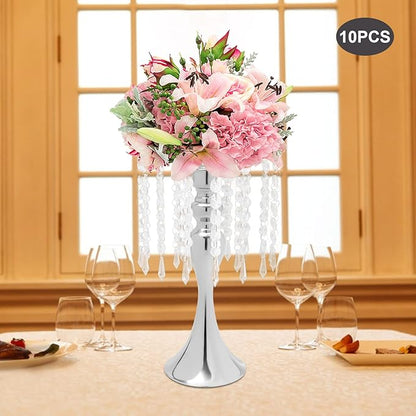 10 Pcs Crystal Flower Wedding Centerpieces Stand,Elegant Metal Flower Vase Candelabra Candle Holder,Flower Vase Stand Pillar Candle Holder for Party Wedding Reception, Siliver, AL-297