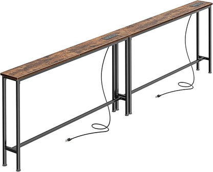 SUPERJARE 94.5 inch Narrow Console Table with Outlet, Sofa Tables, Behind Couch Table, Long Entryway Tables with Charging Station, for Living Room, Rustic Brown