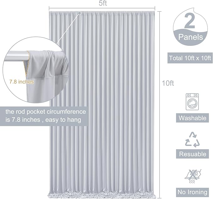 Tao-Ge 10x10 Silver Grey Backdrop Curtain for Parties Wedding Wrinkle Free Silver Grey Photo Curtains Backdrop Drapes Fabric Indoor and Outdoor Decoration for Birthday Party 5ft x 10ft,2 Panels