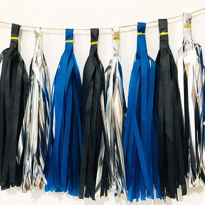 We Moment Black Navy Blue and Silvery Tissue Paper Tassels Party Tassel Garland Banner for Black Blue Party Decorations, DIY Kits,15PCS