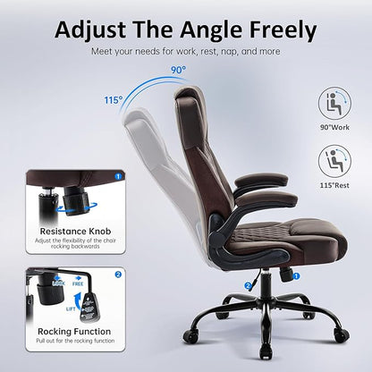 Office Chair, Executive PU Leather Chair, Ergonomic Computer Desk Chair with Lumbar Support and Adjustable Flip-Up Arms, Rocking Task Chair (Brow