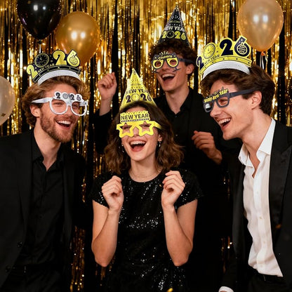 New Years Eve Party Supplies 2026 for 24 Guests, Happy New Years Decorations Party Favors Includes Top Hats, Tiaras, Glasses Accessories for Adults Kids Nye Decorations 2026