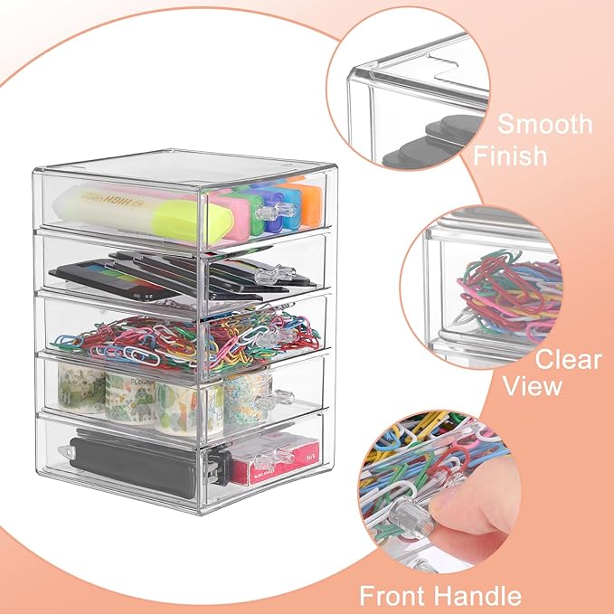 BTSKY Clear Acrylic Storage Organizer with Drawers, 5-Layer Desktop Organizer for Office Essentials, Multi-Purpose Stackable Container for Bathroom Vanity, Desk Makeup Jewelry Container Storage Box
