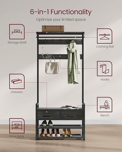 VASAGLE Hall Tree with Bench and Shoe Storage, Entryway Coat Rack with Shoe Bench, 2 Fabric Drawers, 10 Hooks, 11.8 x 31.7 x 71.5 Inches, Stone Gray and Ink Black UHSR429B04