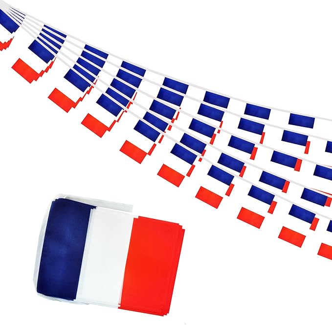 France Small String Flags, 50 Feet 38 Pcs French Pennant Banner Bunting Flags, Patriotic Events, Independence Day, Country Festival, Commemoration, Decorations (France)