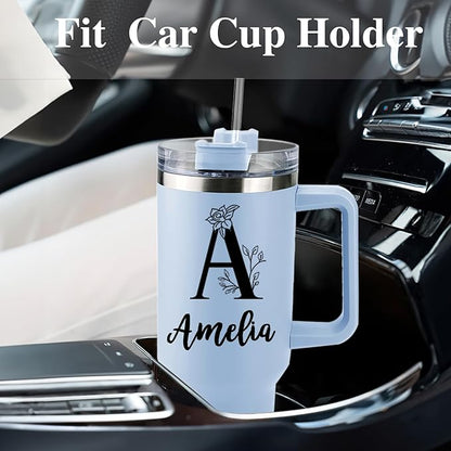 Personalized 40 Oz Tumbler with Handle and Straw, Custom Cup with Name & Birth Flower, Stainless Steel Travel Coffee Tumbler,Personalized Christmas Birthday Gifts for Women, Teen Girls