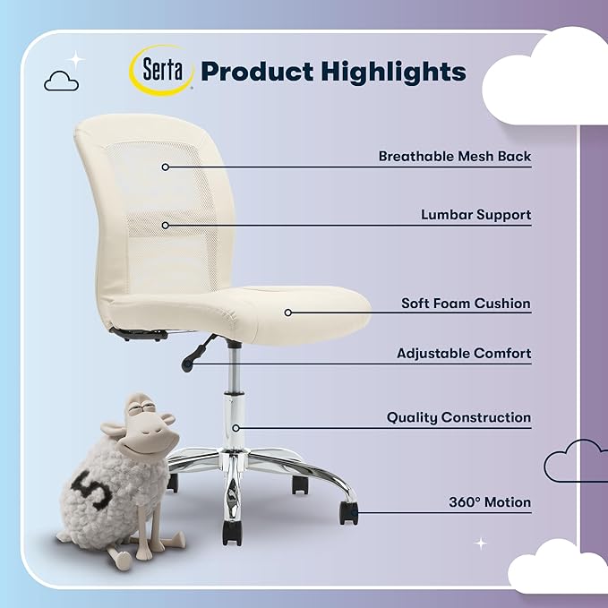Serta Essential Armless TaskChair, Small Desk Chairs with Wheels, Breathable Mesh Back and Faux Leather, Quality Foam Cushion Seat for Comfort, Minimal Design for Vanity Table, Cream White