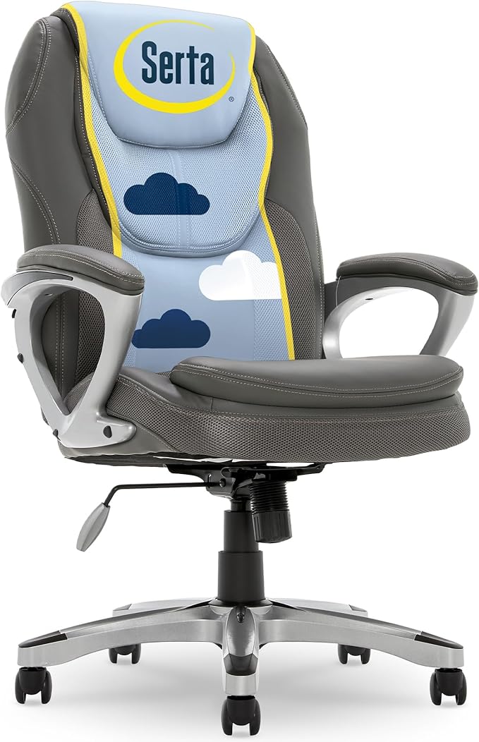 Serta Amplify Executive Office Chair with Faux Leather and Mesh, Adjustable Ergonomic Comfy Seat with Lumbar Support, Modern Computer DeskChairs, Swivel Rolling Wheels, Duo Gray