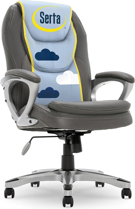 Serta Amplify Executive Office Chair with Faux Leather and Mesh, Adjustable Ergonomic Comfy Seat with Lumbar Support, Modern Computer DeskChairs, Swivel Rolling Wheels, Duo Gray