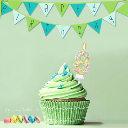 Birthday Candles - Number 8 Candle, Colorful Macaron Candles for Boys/Girls, Green Cake Decorations, Dinosaur Themed Party Supplies
