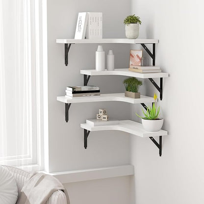 Corner Floating Shelves Wall Mounted Set of 4, Rustic Wood Storage Display Wall Shelves for Home Decor, Bathroom, Kitchen, Bedroom, Living Room, Office (White)