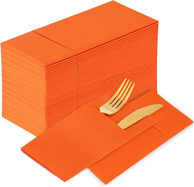 KAMMAK Napkins Disposbale 100 Pack Orange Cloth like Paper Dinner Napkins with Pocket Folded Wedding Napkin Guest Hand Towels for Party Reception, Bathroom, Kitchen, Restaurants (16.5 x 16.5 inch)