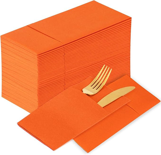 KAMMAK Napkins Disposbale 100 Pack Orange Cloth like Paper Dinner Napkins with Pocket Folded Wedding Napkin Guest Hand Towels for Party Reception, Bathroom, Kitchen, Restaurants (16.5 x 16.5 inch)