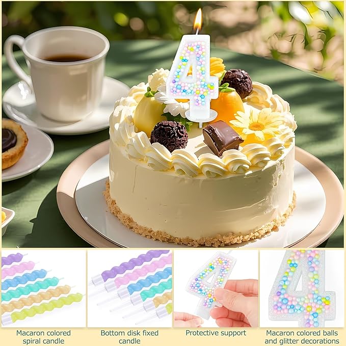 Number Birthday Candle with 12PCS Spiral Candles and A Birthday Card - Perfect for Celebrating Birthdays (Macaron Glitter, Number 4)