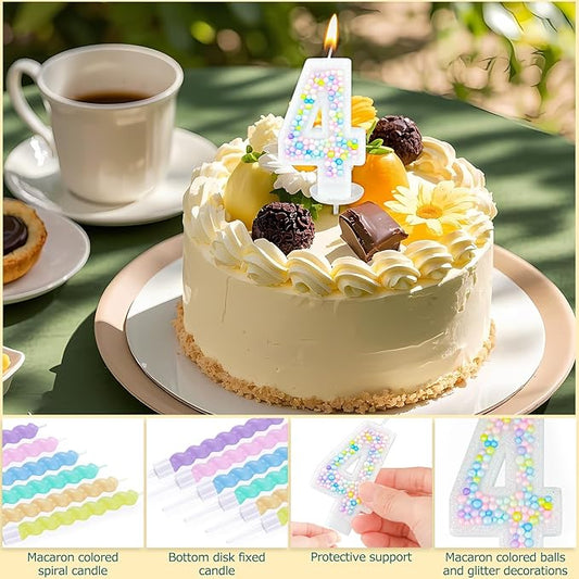 Number Birthday Candle with 12PCS Spiral Candles and A Birthday Card - Perfect for Celebrating Birthdays (Macaron Glitter, Number 4)