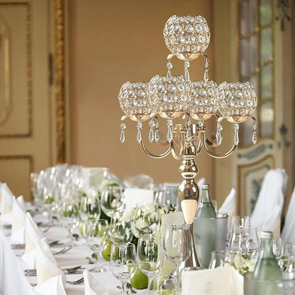 Set of 4 Candlesticks 5 Arm Crystal Strap Pendant Gold Table Decor Candelabra, 22.5 inches Elegant Dining Room Centerpieces for Holiday Parties Weddings (4, Gold)