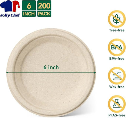 JOLLY CHEF 100% Compostable Small Paper Plates, 200 Pack 6 Inch Heavy Duty Dessert Plates, Disposable Biodegradable Eco-Friendly Sugarcane, Bulk Nature