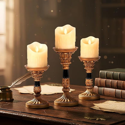 Vintage Candle Holders Set of 3 – Hand-Painted Resin Pillar Candle Stands – Antique Gold Decorative Candle Holder Set for Table Centerpiece, Mantel, Wedding, and Home Decor