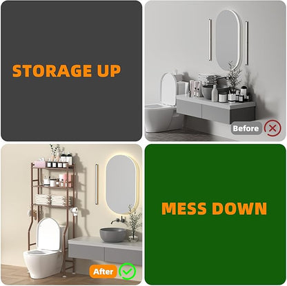 3-Tier Over Toilet Storage with Anti-Tilt Safety System - 150lb Total Capacity Metal Bathroom Shelves Including Paper Holder & 4 Hooks, Space Saving Above Commode Organizer (64" H, Bronze)