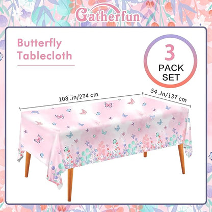 Gatherfun Butterfly Disposable Tablecloth, Plastic Table Cover for Kid’s Birthday Party, 3 PCS, 54”x 108”