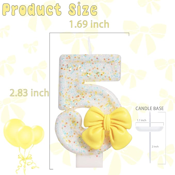 Birthday Candle for Cake, Yellow Bow Cake Candles, Cake Topper Decoration for Birthday Party (Number 5)