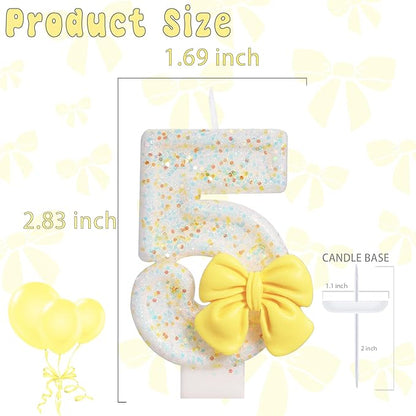 Birthday Candle for Cake, Yellow Bow Cake Candles, Cake Topper Decoration for Birthday Party (Number 5)