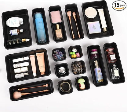 15 Piece Drawer Organizer Set, 3 Size Interlocking Plastic Storage Bins for Office Supplies, Jewelry Makeup Vanity, Bathroom Kitchen, Home Organization Closet, Gadgets Small Items, Black