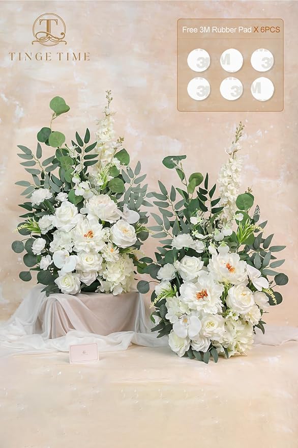 TINGE TIME Free-Standing Artificial Flower Set of 2, Table Centerpiece with Rubber Pad, Silk Fake Flower for Wedding Centerpiece Archway Aisle Welcome Entrance (IvoryWhite)