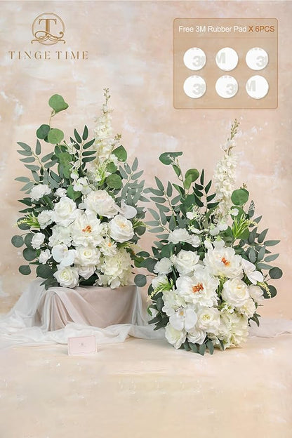 TINGE TIME Free-Standing Artificial Flower Set of 2, Table Centerpiece with Rubber Pad, Silk Fake Flower for Wedding Centerpiece Archway Aisle Welcome Entrance (IvoryWhite)