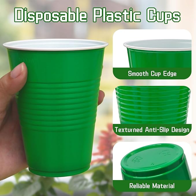 200 Count Green Plastic Cups - Green Disposable Cups for Party Birthday Picnics Christmas (16 oz)