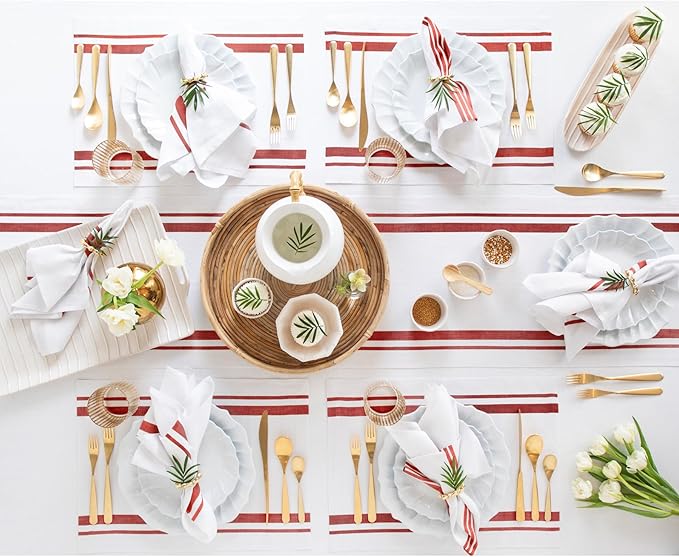 Solino Home Linen Table Runner 108 Inches Long - French Stripe, 100% Pure Linen Red and White Farmhouse Table Runner 16 x 108 Inch Ideal for Dining, Christmas, New Year