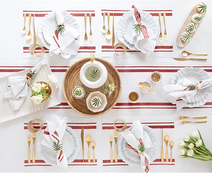 Solino Home Linen Table Runner 72 Inches Long - 100% Pure Linen Red and White French Stripe Table Runner 16 x 72 Inch for Dining, Dresser, Christmas, New Year