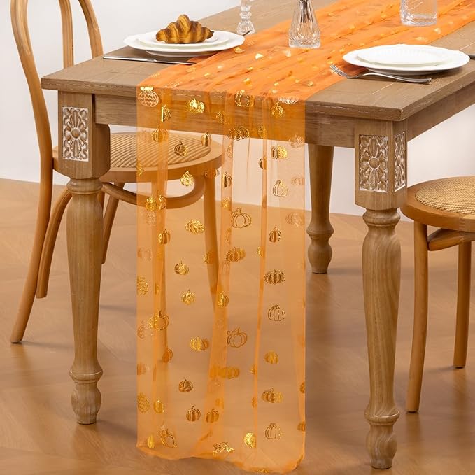 Pumpkin Gold Table Runner for Thanksgiving Sheer Gauze Cheesecloth 120 Inch with Glitter Harvest Feast Decor for Family Gatherings Dining Table Home Celebration - Orange
