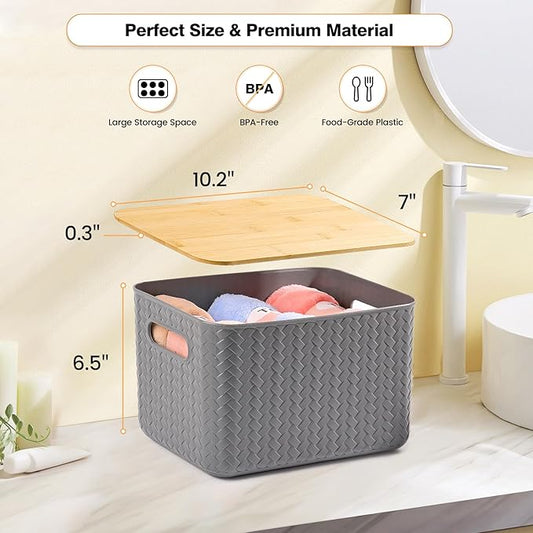 4 Packs Storage Bins with Bamboo Lids - Plastic Storage Containers with Lids Stackable Storage Box：Storage Baskets for Organizing Desktop Closet Playroom Classroom Office,Gray