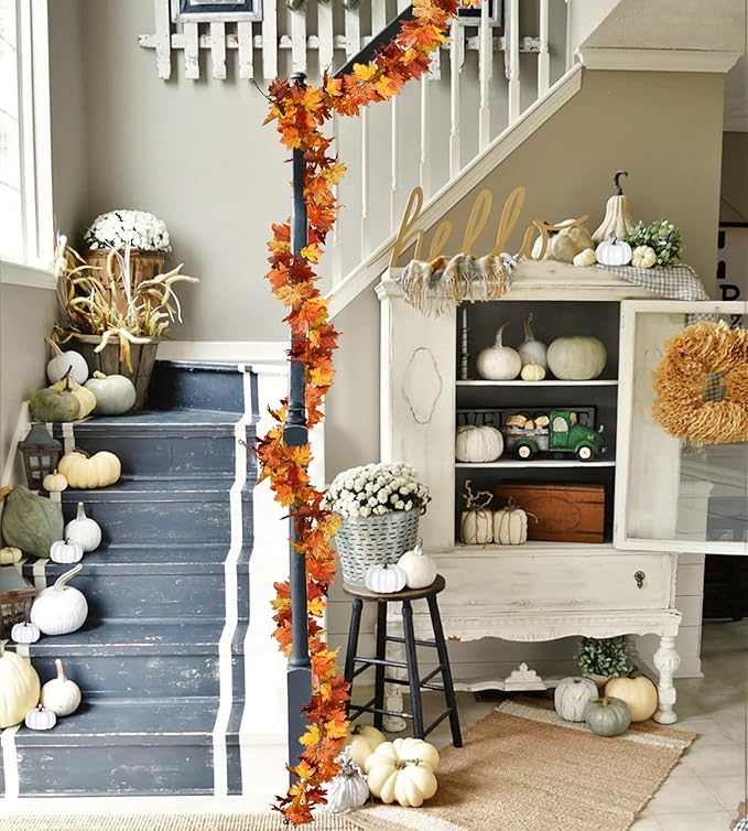 DearHouse 2 Pack Fall Maple Leaf Hanging Vine Garland Artificial Autumn Foliage Thanksgiving Decor for Home Wedding Fireplace Party Christmas (Light Yellow)