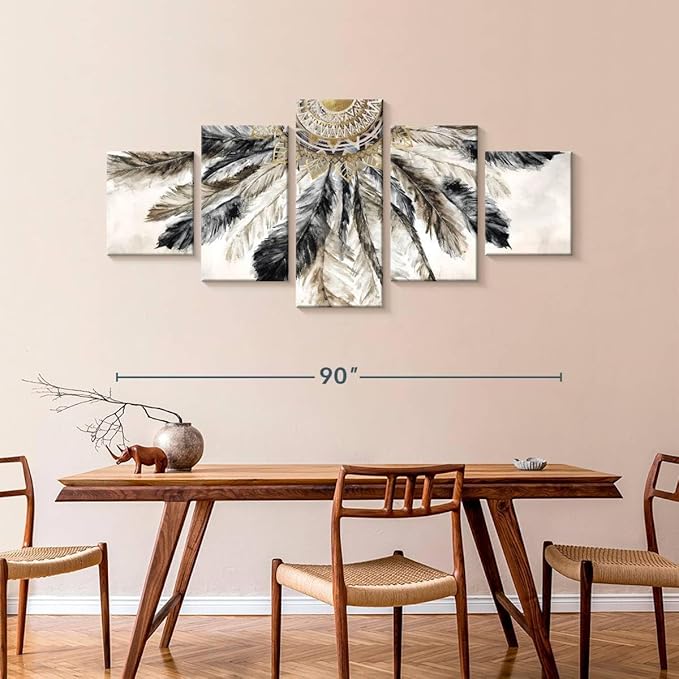 ElephantStock - Necklace Of Feathers Iii Wall Art - Horizontal Multi Panel Canvas - 5 Piece Living Room Wall Decor - Painting Multi Piece Wall Art - Brown And Gray Decor by Eva Watts - 92" x 42"